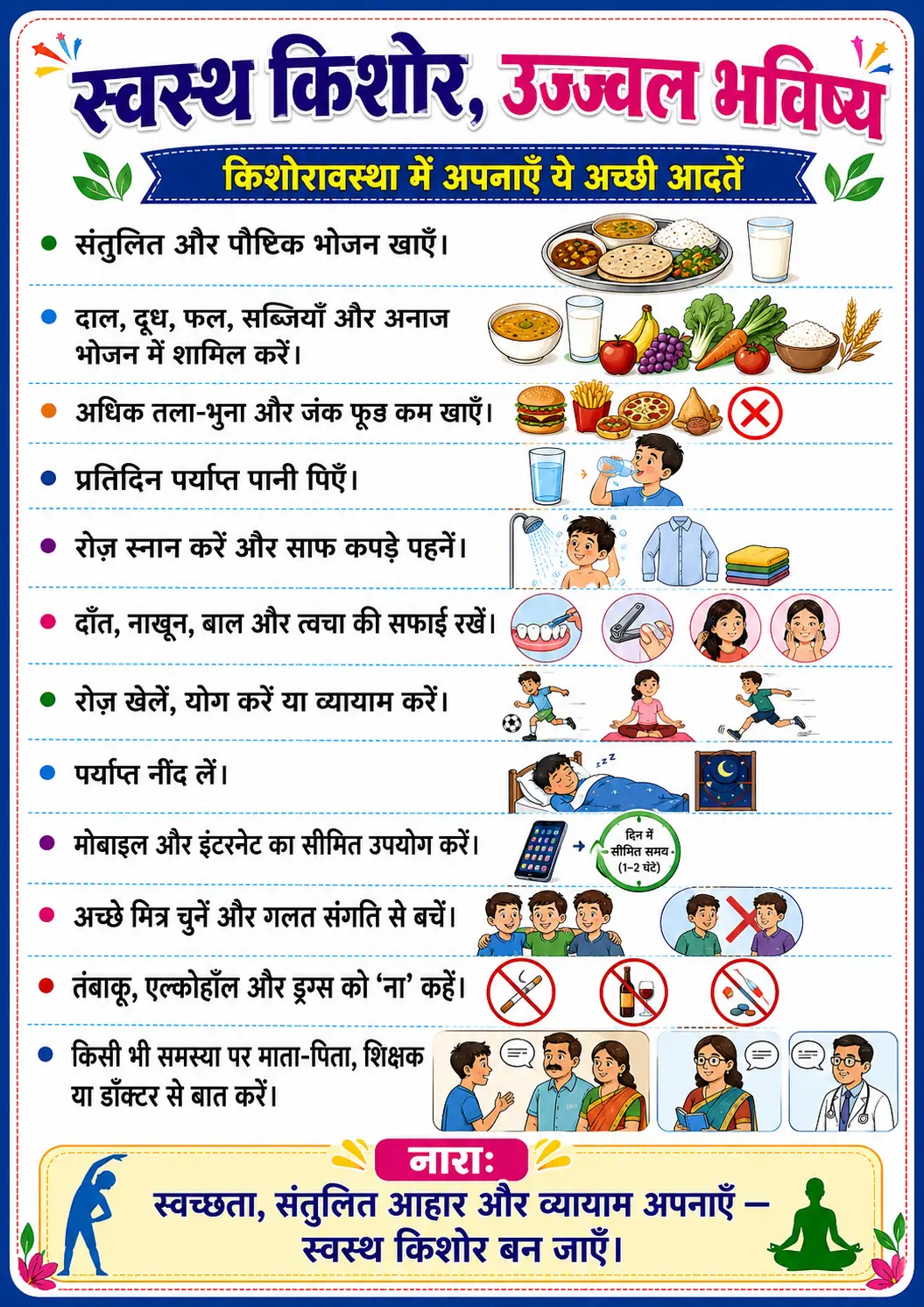 स्वस्थ किशोर और उज्ज्वल भविष्य के लिए जीवनशैली सुझावों वाला पोस्टर