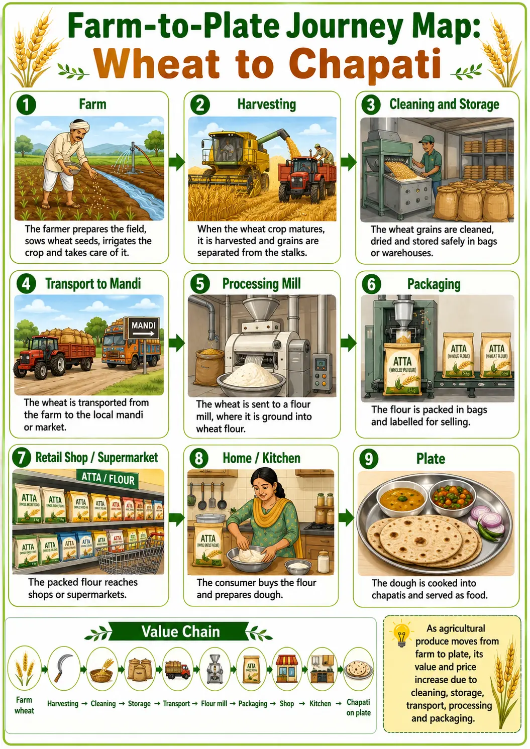 Farm-to-plate journey map showing wheat moving from a farm through harvesting, storage, transport, milling, packaging, retail and a kitchen to become chapati