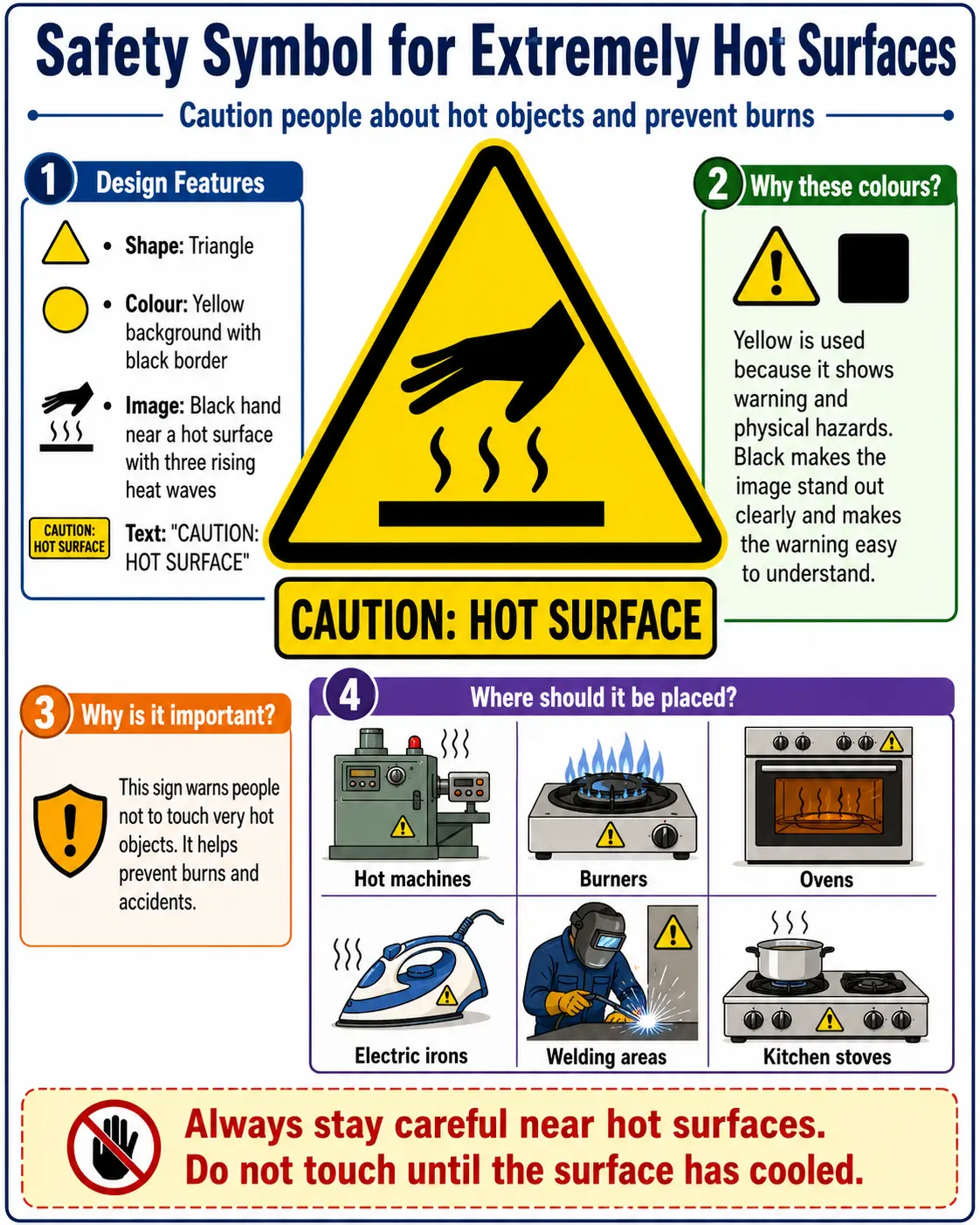 Yellow triangular safety symbol warning people about an extremely hot surface and showing suitable locations for the sign